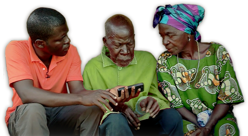 Emmanual Urey showing the film to others on a smartphone